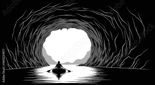 embark on a transformative journey a solitary figure rows towards the light at the end of a dark cave symbolizing hope discovery and the pursuit of new beginnings