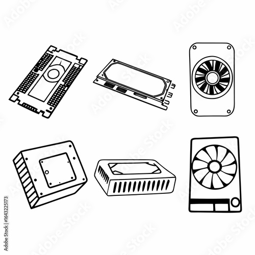 Illustration set of computer hardware components isolated on white background for graphic design use