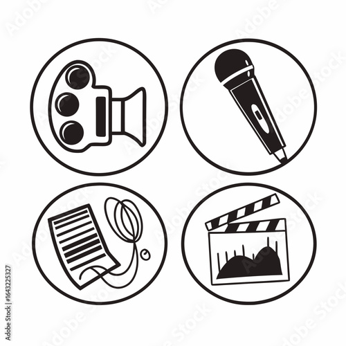 Collection of media production icons featuring camera, microphone, film and clapper isolated on white background