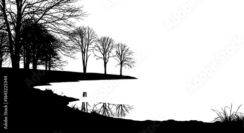 serene winter lakeside silhouette elegant black and white landscape for design projects requiring tranquil nature imagery ideal for peaceful mood boards and minimalist branding
