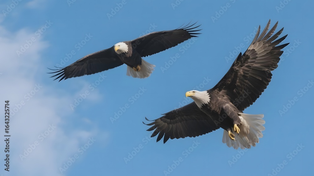 Naklejka premium Two Bald Eagles Soaring in a Clear Blue Sky