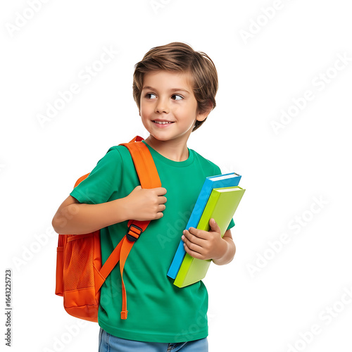 Happy young boy with orange backpack and books, isolated on white background