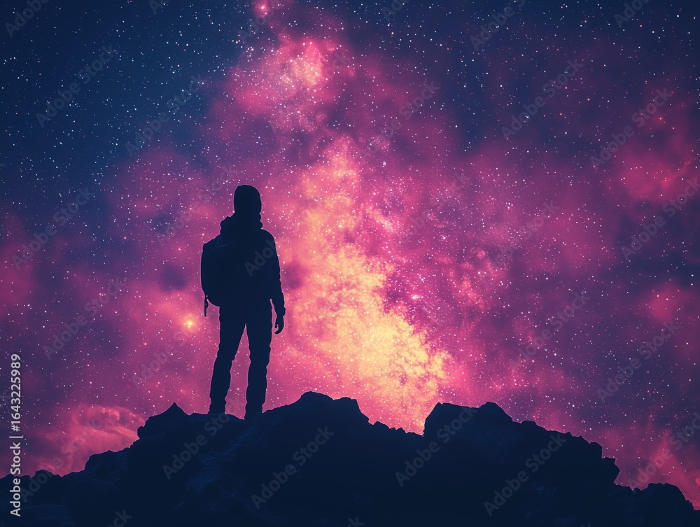 Fototapeta premium Backpacker Silhouette On Rocky Peak Facing Pink - Purple Milky Way