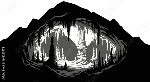 mysterious cave entrance a dramatic black and white illustration perfect for adventure fantasy or geology projects