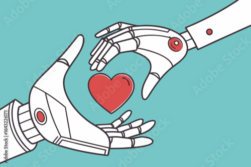 A robotic hand and a human hand reach out to each other, with a heart floating between them, symbolizing the connection between technology and humanity vector art