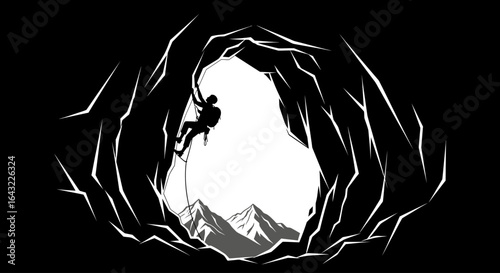 overcome obstacles climber ascending through cave opening towards majestic mountain peaks symbolic of achieving success and overcoming challenges