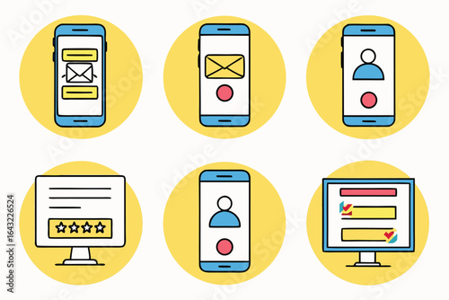 Modern digital communication icons depicting email, user profiles, and online form processes