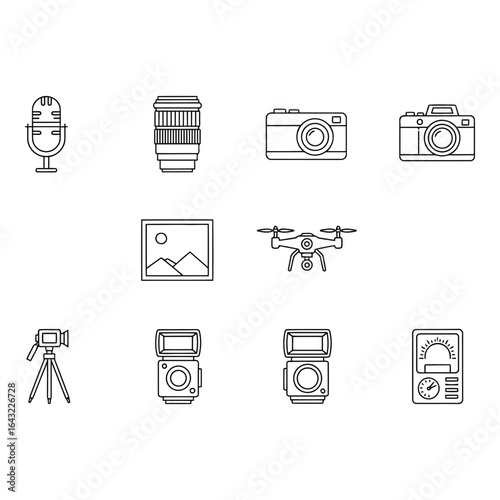 Art of set of photography and videography equipment icons isolated on white background