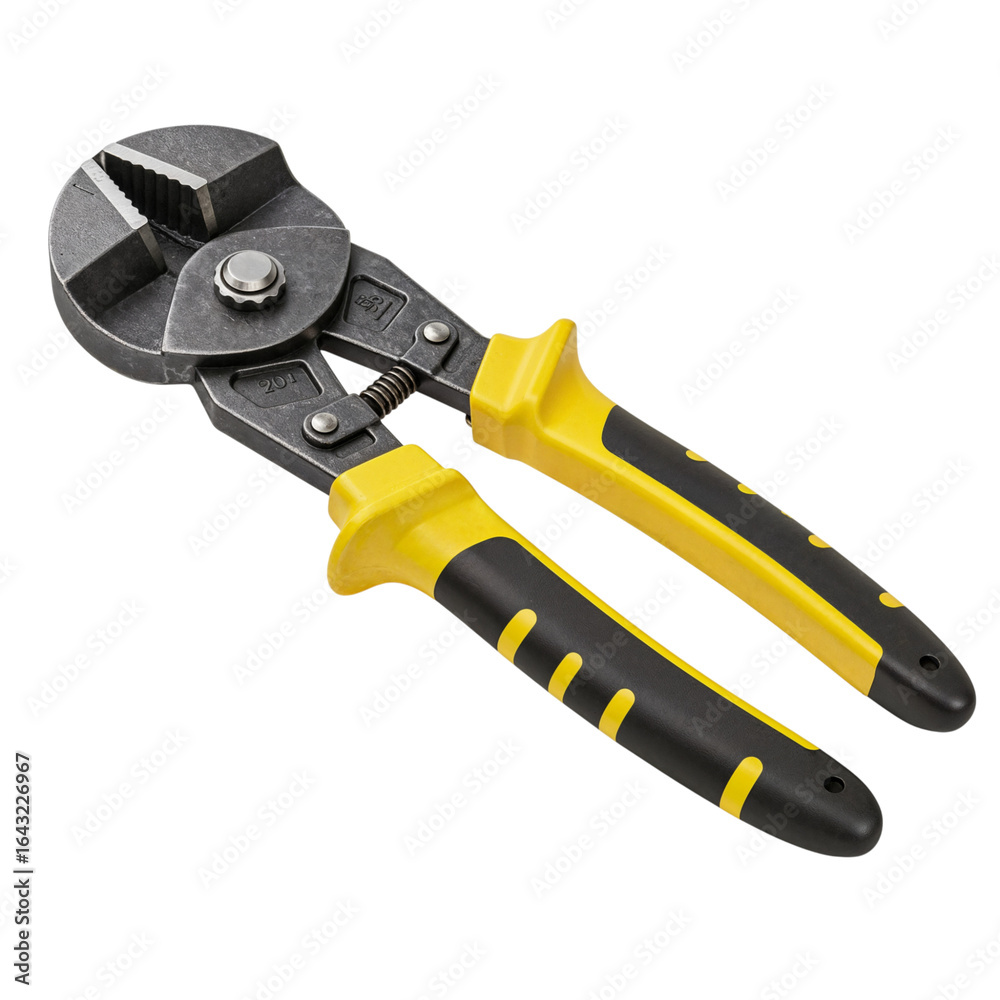 Obraz premium Heavy duty bolt cutters with yellow and black insulated handles for cutting metal isolated on transparent background