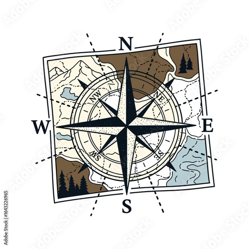A compass rose graphic is centered on a map illustration showing directions.