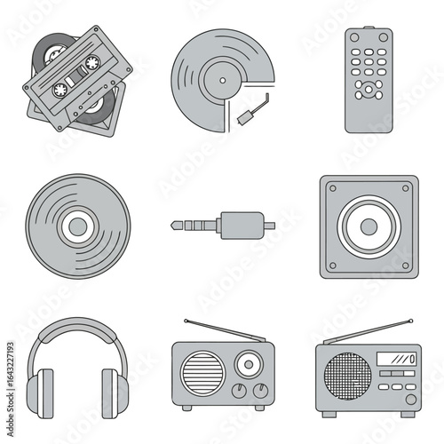 Art of collection of vintage audio and music icons isolated on white background