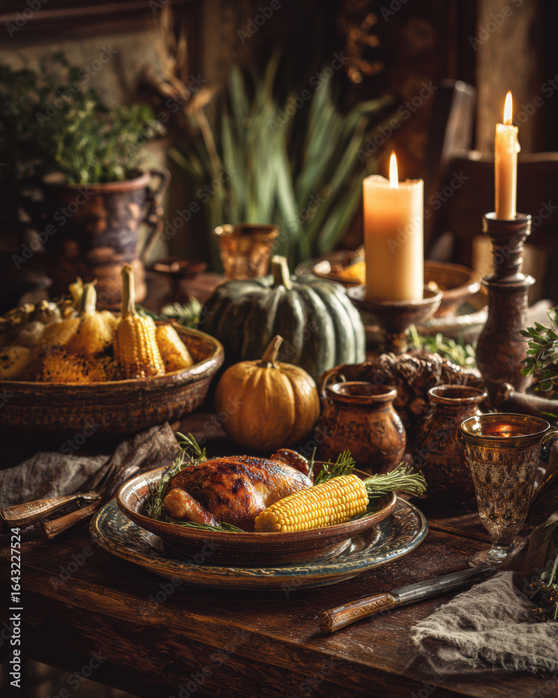 Fototapeta premium Rustic Autumn Dinner with Harvest Vegetables