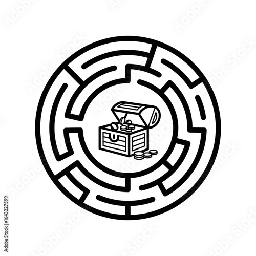 A circular maze surrounds a treasure chest filled with gold coins.