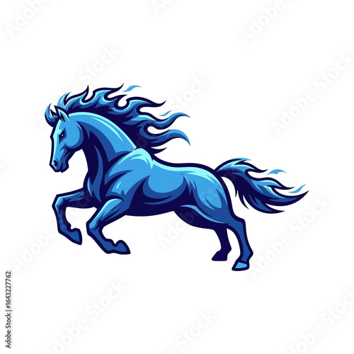 A blue horse rears up its front legs its mane and tail flowing.