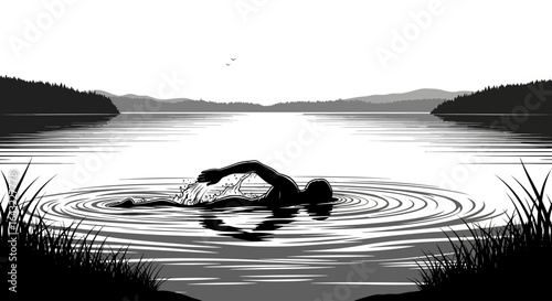 serene lakeside swim black and white illustration of a person swimming in a calm lake perfect for wellness travel or relaxation themes