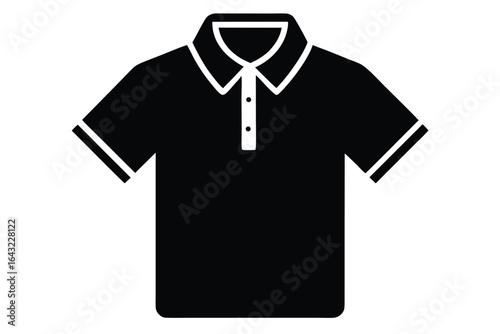Isolated black shirt features short sleeves and a collared neckline on a white background