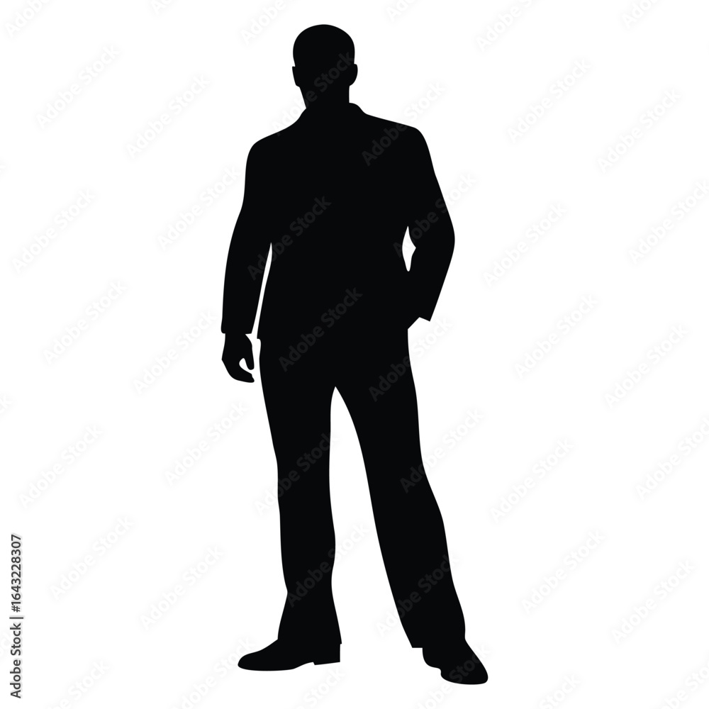 Obraz premium Black silhouette of a standing businessman in a suit, hand in pocket, isolated on white background, perfect for corporate and professional design.