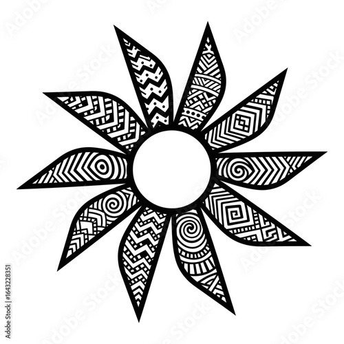 A stylized flower illustration featuring patterned petals and a central circle.