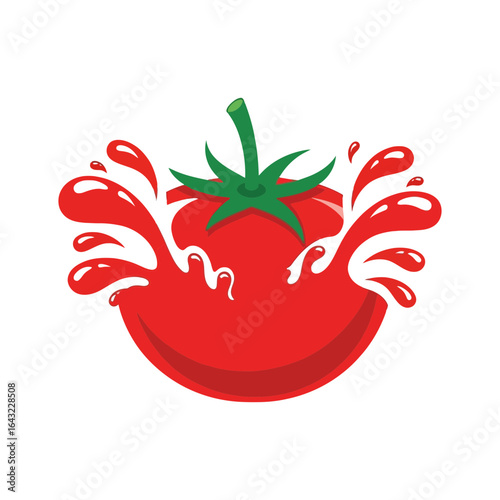 A red tomato with green stem and splashing juice.