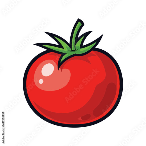 A red tomato with green stem and leaves is shown.