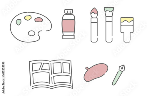 Illustration of painting tools and manga supplies for creative activities