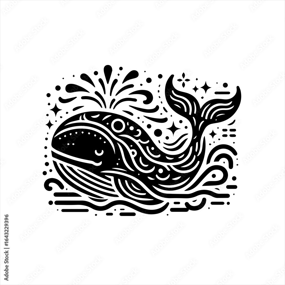 Fototapeta premium Whimsical black and white whale illustration with decorative elements