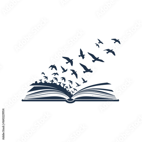Open book with birds flying upwards representing knowledge or freedom.