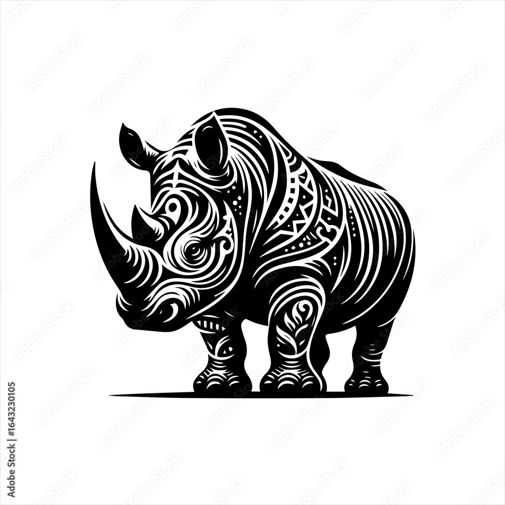 Fototapeta premium Stylized black and white rhinoceros with intricate tribal patterns