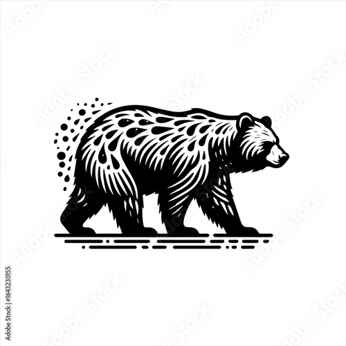 Stylized black bear walking side profile with abstract pattern