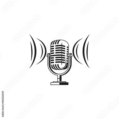 A microphone illustration emits sound waves suggesting recording or broadcasting.