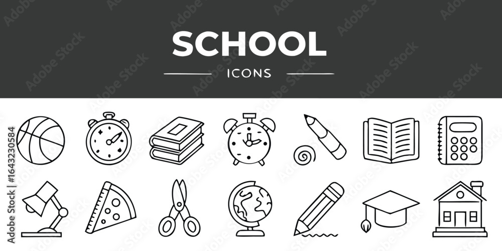Naklejka premium Vector art of school icons set with education and learning related objects, isolated on white background