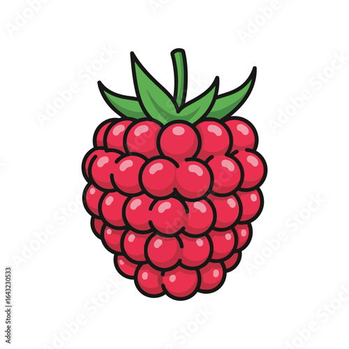 A single red raspberry with green leaves is shown.