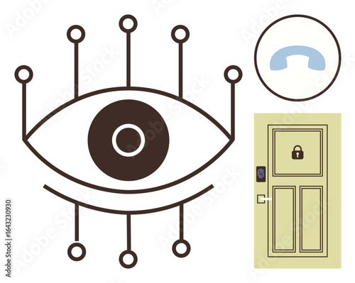 Stylized eye with digital elements, locked door with smart lock, and communication icon. Ideal for cybersecurity, technology, privacy, biometrics, surveillance, access control simple flat metaphor