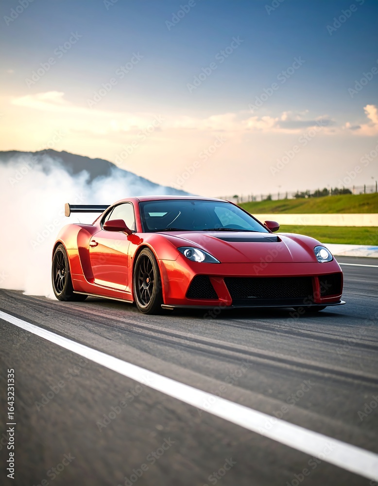 Red sports car drifting on a race track at sunset (1) Red sports car drifting on a race track at sunset (1)