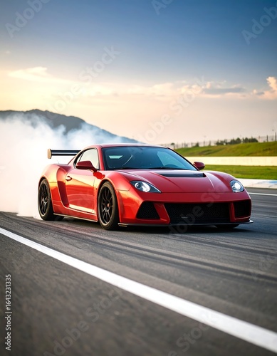 Red sports car drifting on a race track at sunset (1)