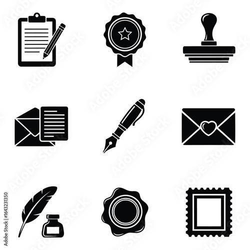 Art of collection of writing and sealing icons isolated on white background