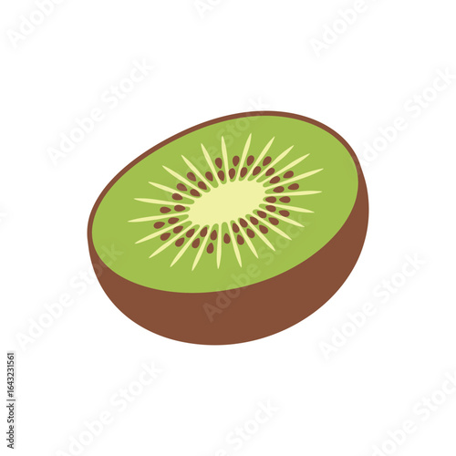 A sliced kiwi fruit shows green flesh brown skin and small black seeds.