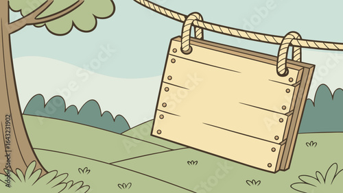 A wooden sign hanging from a rope in a peaceful countryside landscape, perfect for adding your own text or message to this charming cartoon illustration