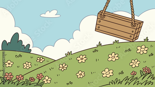 A charming wooden swing hanging over a field of flowers in a picturesque landscape, perfect for adding a touch of whimsy to your design