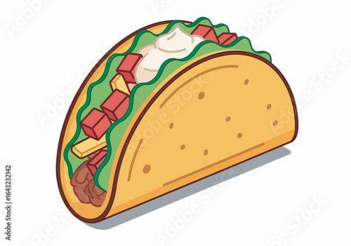 Cartoon illustration of a taco with meat, lettuce, cheese, tomatoes, and sour cream in a crispy shell.