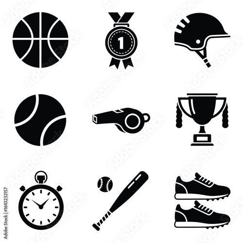 Art of sports equipment and award icons isolated on white background