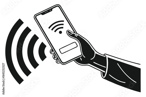 Vector art of near field communication technology with smartphone in hand isolated on white background