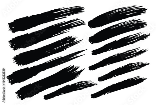 Ink brushstroke and paintbrush template with splashes grunge. Vector set black ink brush stroke. Dirty artistic design elements. Grunge splatter, dirt stain. Vector ink box