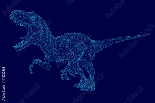 A 3D wireframe of a Tyrannosaurus Rex displays intricate geometric shapes and lines on a blue background. The detailed skeletal structure highlights the dinosaur's powerful form.