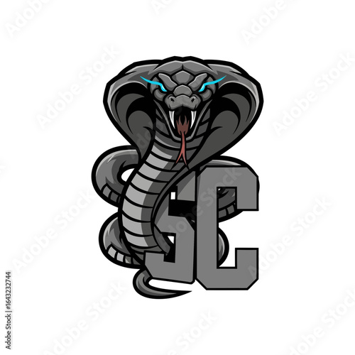 A cobra snake illustration coils around letters sc forming a logo design.