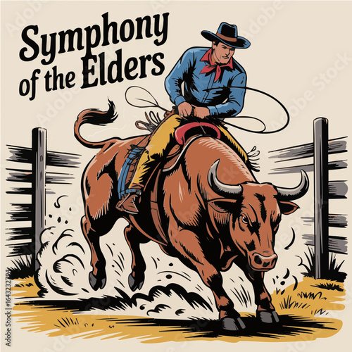 Colorful Vector Illustration of Cowboy riding Bull Rodeo Scene for Poster, cards, print