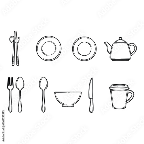 Art of asian tableware and kitchenware set isolated on white background