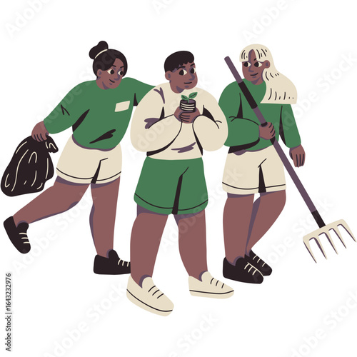 Illustration of a diverse group of community volunteers working together on an environmental cleanup and planting project.