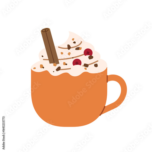pumpkin coffee with whipped cream and cinnamon; Perfect for autumn designs, seasonal menus, and cozy cafe-themed projects- vector illustration