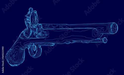 A detailed blueprint of a colonial flintlock pistol with precise contour lines, displayed on a solid blue background. The intricate design highlights historical weapon craftsmanship.
